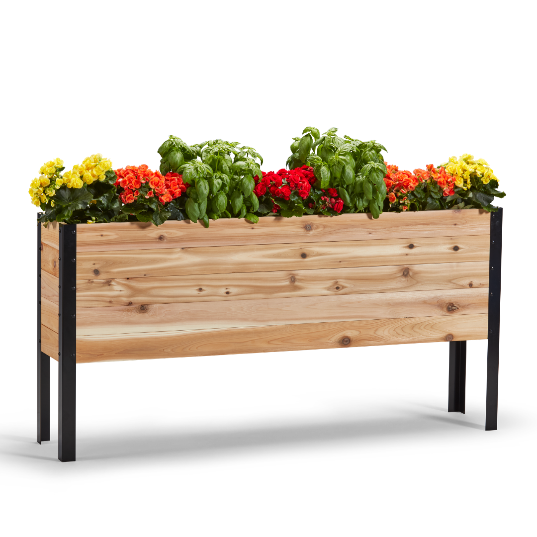 Wooden planter box with flowers on a white background