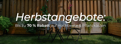 Promotional banner for garden offers with text overlay in a garden setting.