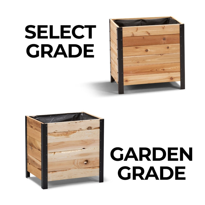 Two wooden planters with black bases, labeled 'Select Grade' and 'Garden Grade'.
