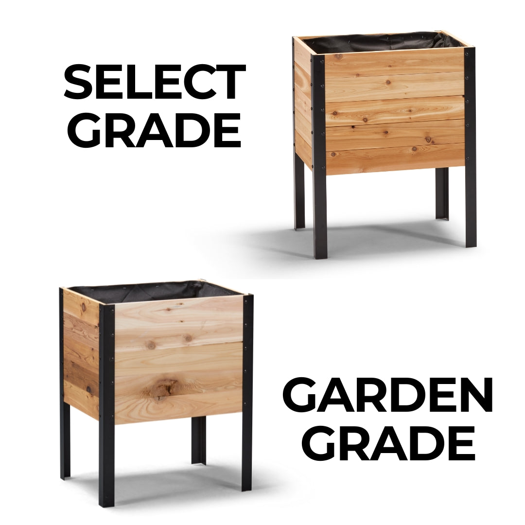 Two wooden planters with black liners, labeled 'Select Grade' and 'Garden Grade'.