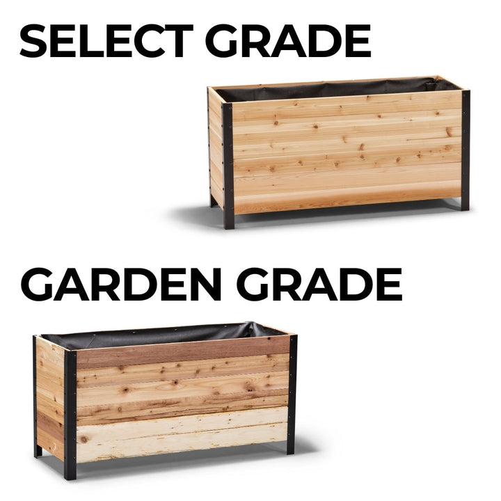 Two wooden planters with metal frames on a white background, labeled 'Select Grade' and 'Garden Grade'.