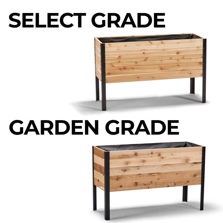 Two wooden planters with metal frames on a white background, labeled 'Signature' and 'Rustic'.